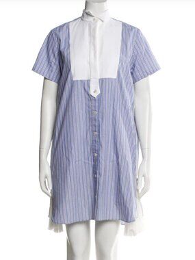 Sacai Blue Stripe Shirting Side Pleats Zip Dress JP Size 2